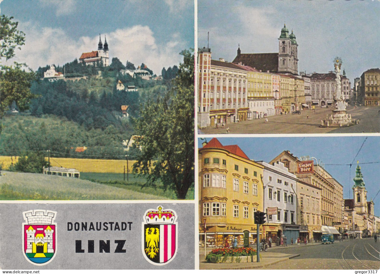 E4198) LINZ - Donaustadt - Wappen Straßenbahn - VW BUS - Dreibild AK - Werbetael LInzer Bier Landstraße - Linz