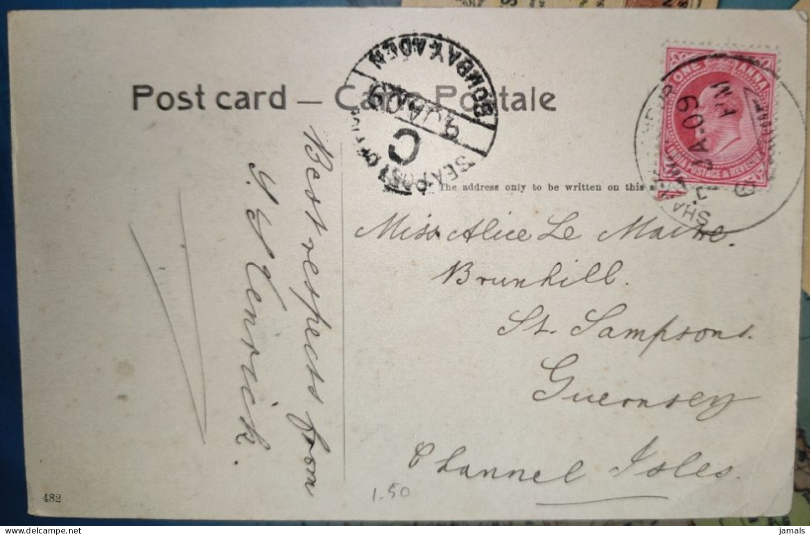 Br India King Edward, Used On Picture Postcard, Bombay Aden Postmark Inde - 1902-11  Edward VII