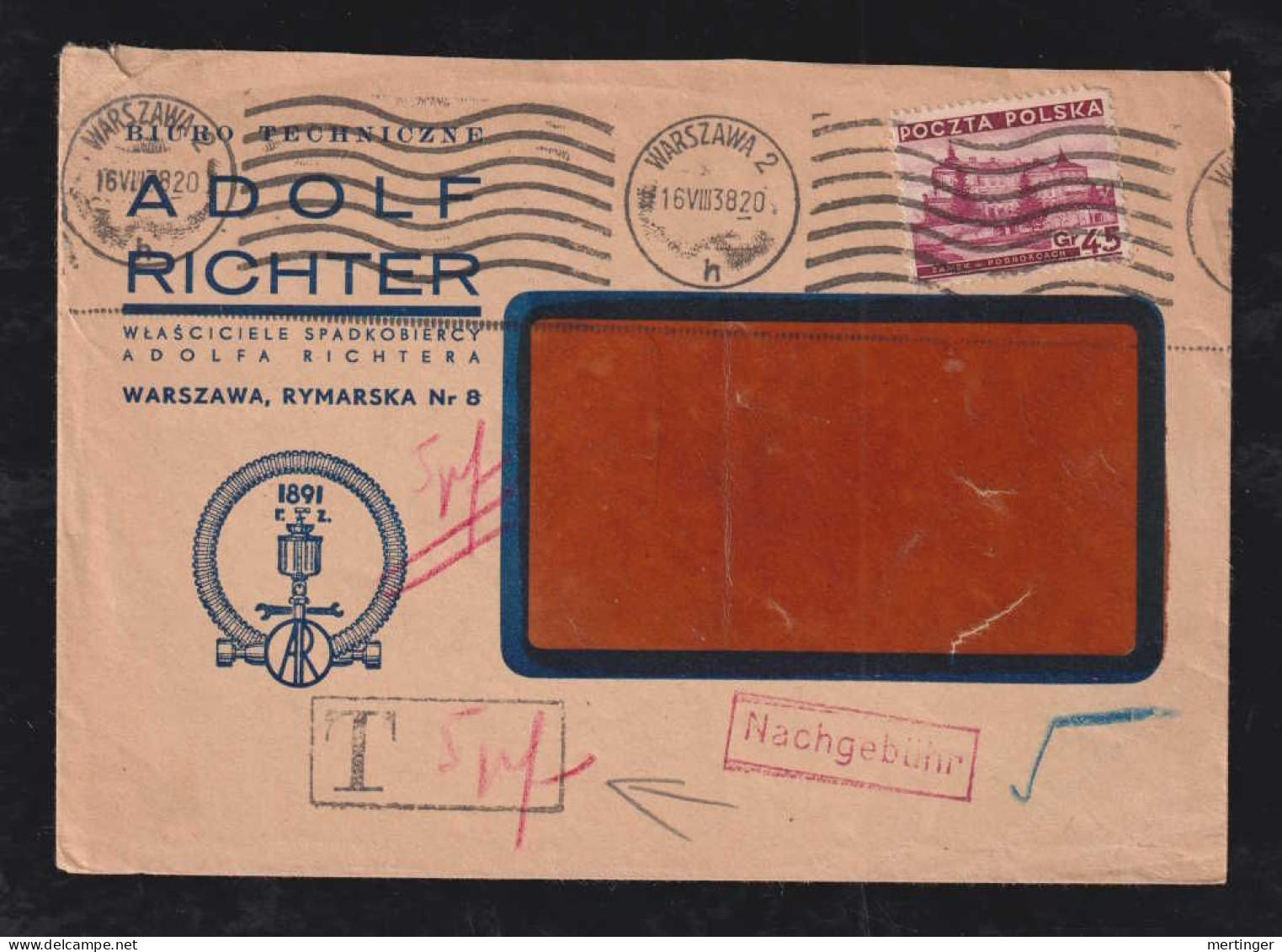 Poland 1938 Cover Postage Due WARSZAWA X Germany Richter Techniczne Advertising - Lettres & Documents