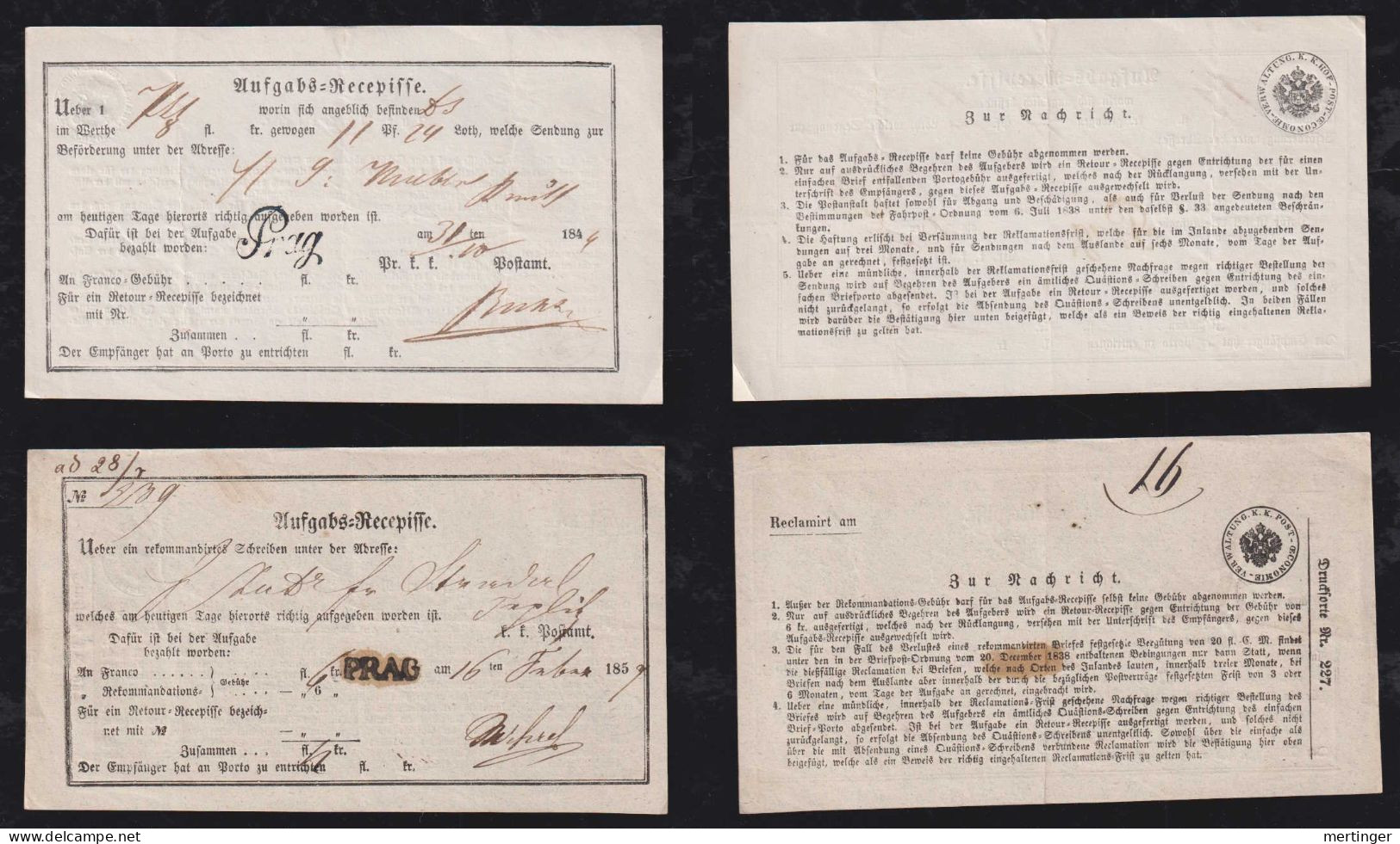 Österreich Austria 1844 + 1859 2 Aufgabs Recepisse PRAG Praha - ...-1850 Prephilately