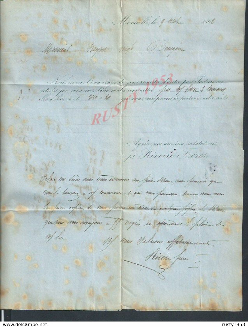 FACTURE DE 1862 SUR TIMBRE NAPOLEON RHUM RIVOIRE FRERES À MARSEILLE PLM CHEMIN DE FER : - Ferrocarril