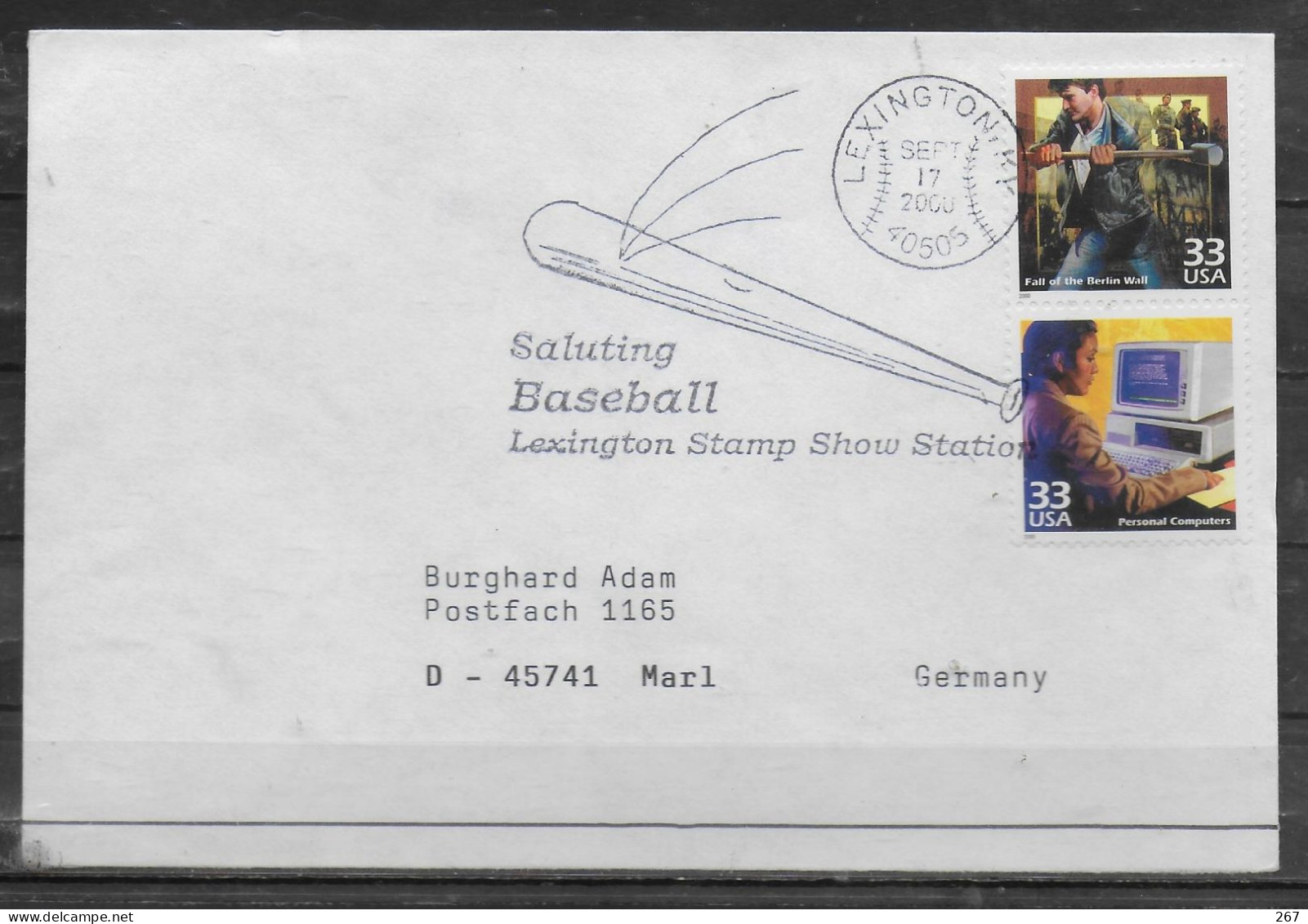 USA  Lettre 2000 Lexington  Base Ball  Mur De Berlin Ordinateur - Béisbol