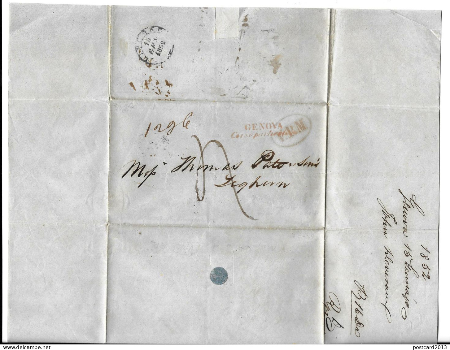 REGNO DI SARDEGNA , LETTERA DA GENOVA PER LIVORNO , BOLLO " V.P.M. " E " GENOVA - CORSO PARTICOLARE " , 1852 . - Sardaigne