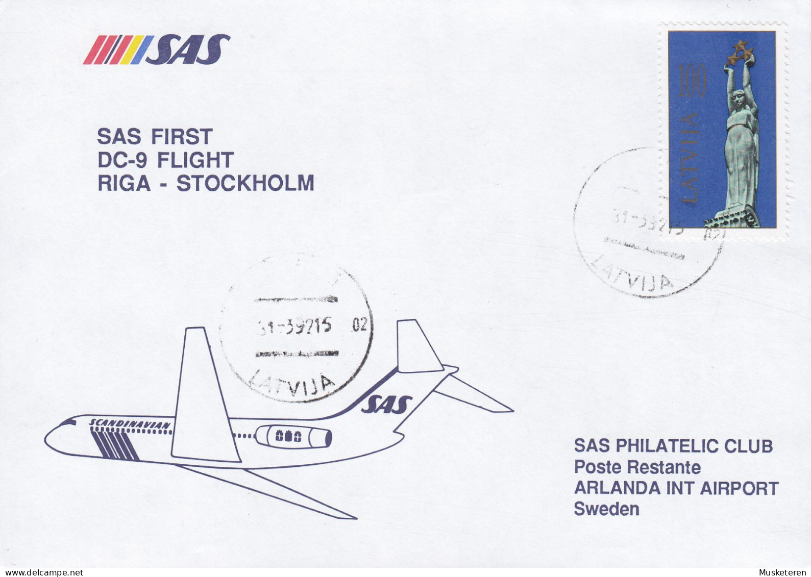 Latvia SAS First DC-9 Flight RIGA-STOCKHOLM 1992 Cover Brief Lettre STOCKHOLM GLYG (Arr.) Sweden - Lettonie