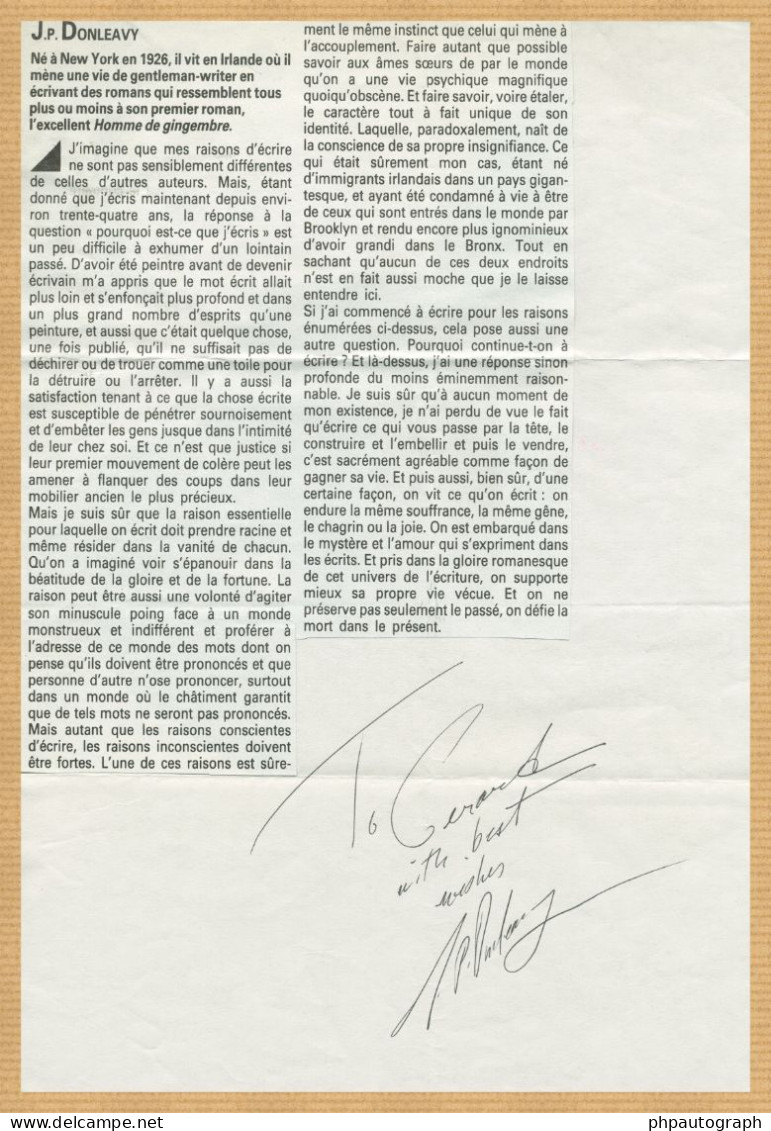J. P. Donleavy (1926-2017) - Ginger Man - Handwritten Extract + Signed Article - Writers
