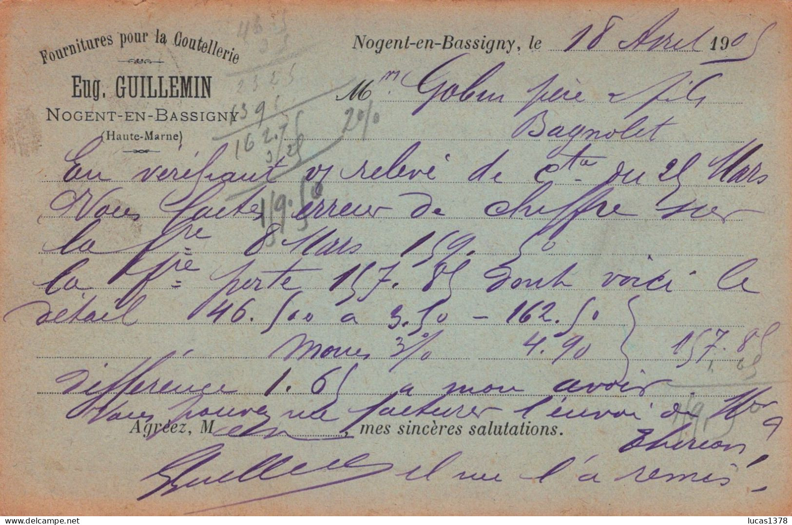 52 / NOGENT EN BASSIGNY  / RARE CARTE LETTRE COMMERCIALE / EUGENE GUILLEMIN / FOURITURES POUR COUTELLERIE - Nogent-en-Bassigny