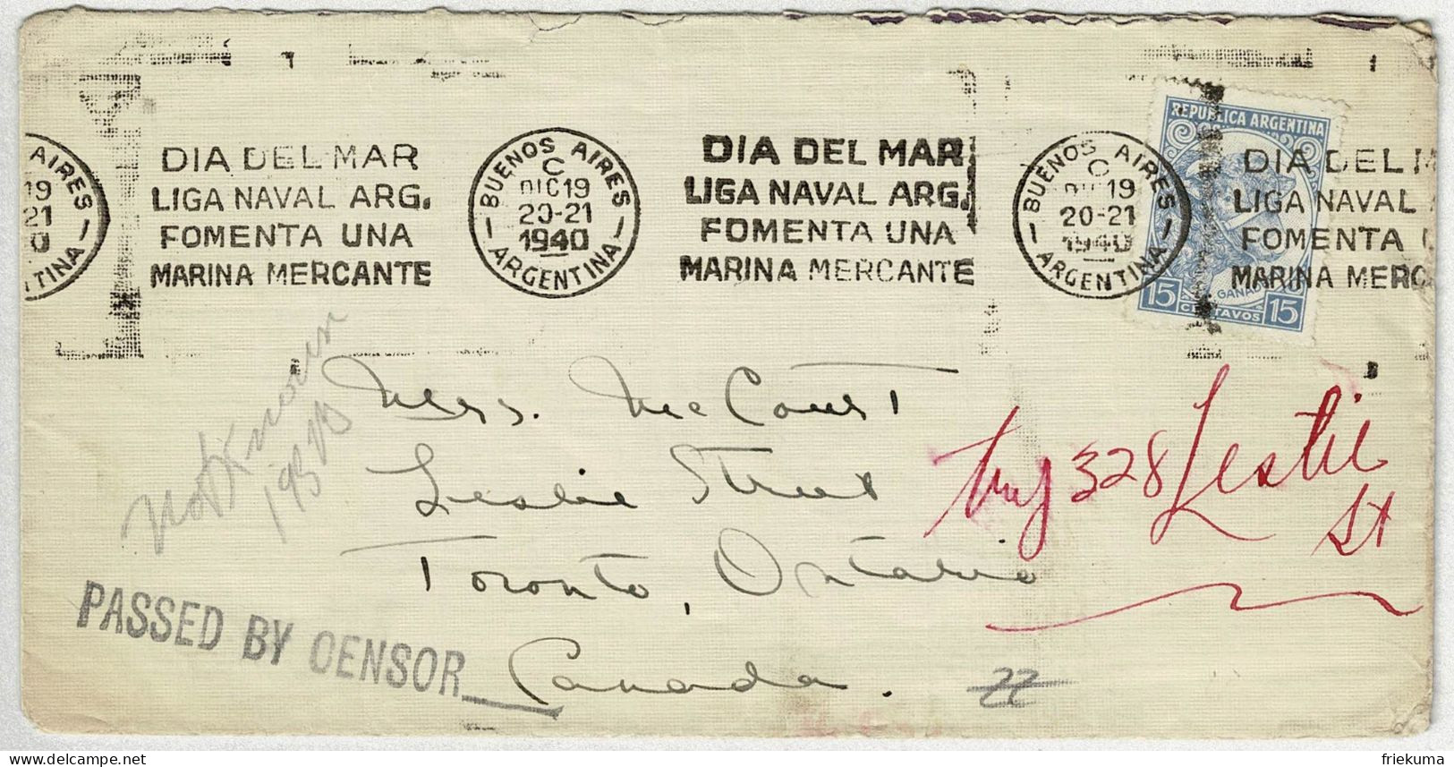 Argentinien / Argentina 1940, Brief Buenos Aires - Toronton (Kanada), Zensur / Passed By Censor, Dia De Mar, Marina - Covers & Documents