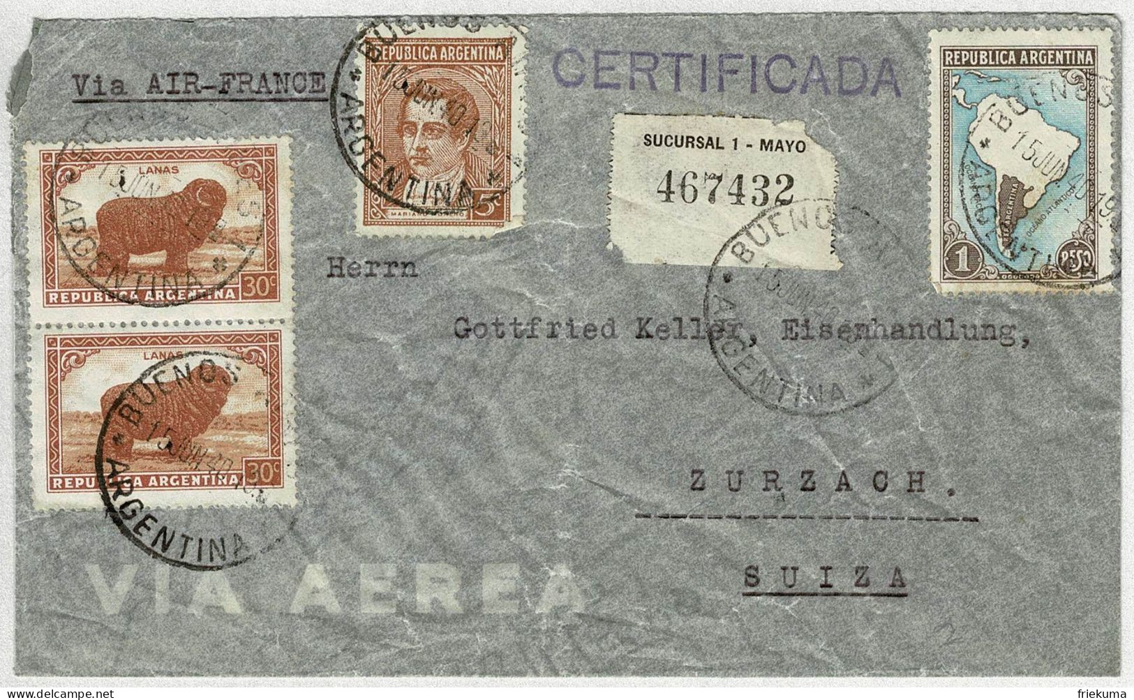 Argentinien / Argentina 1940, Luftpostbrief Einschreiben / Certificada Buenos Aires - Zurzach (Schweiz), Air France - Briefe U. Dokumente