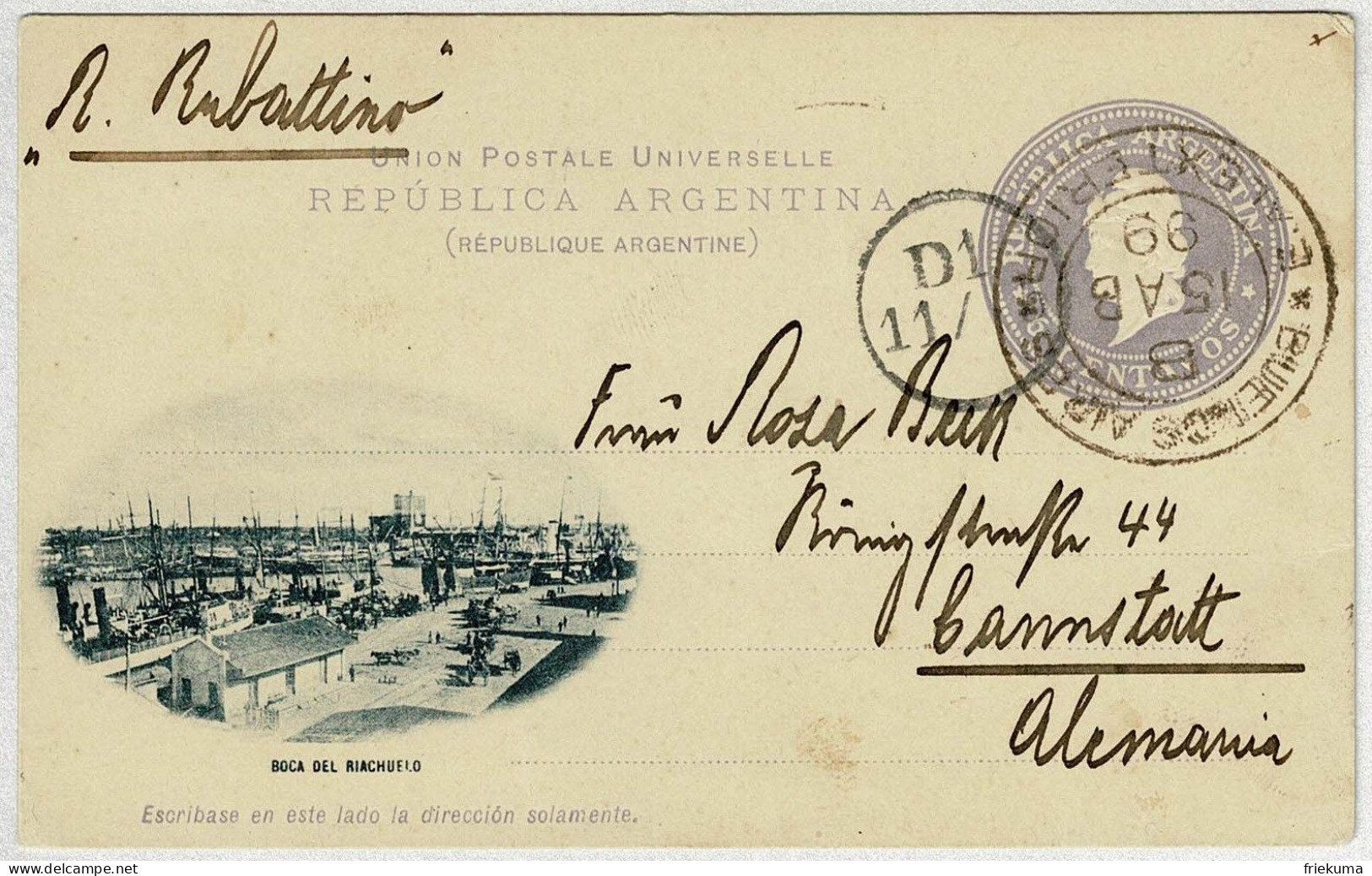 Argentinien / Argentina 1899, Ganzsachen-Karte / Stationery Buenos Aires - Cannstadt (Deutschland), Boca Del Riachuelo - Entiers Postaux