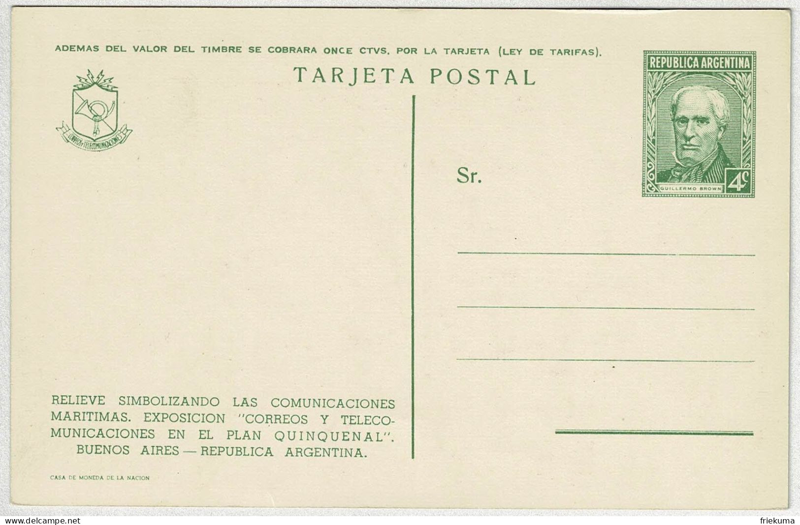 Argentinien / Argentina, Ganzsachen-Karte/Tarjeta Postal Guillermo Brown, Relieve Simbolizando Communicaciones Maritimas - Ganzsachen