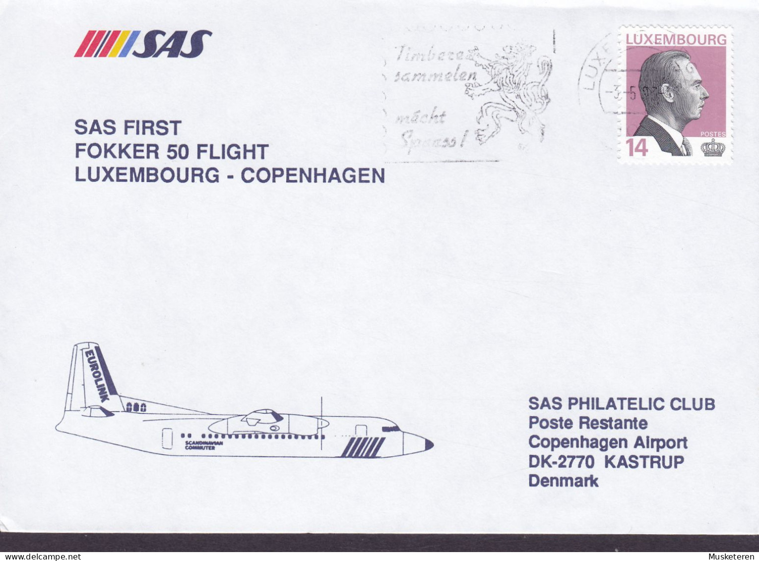 Luxembourg SAS First Fokker 50 Flight LUXEMBOURG-COPENHAGEN 1993 Cover Brief Lettre KØBENHAVN LUFTHAVN (Arr.) - Covers & Documents