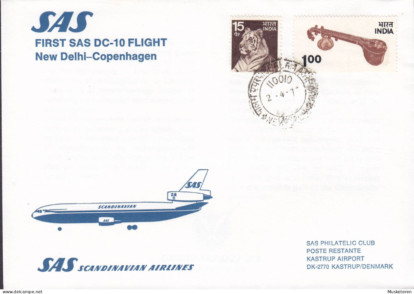 India First SAS DC-10 Flight NEW DELHI-COPENHAGEN 1977 Cover Brief Lettre Tiger Tigre Instrument Stamps (2 Scans) - Luchtpost