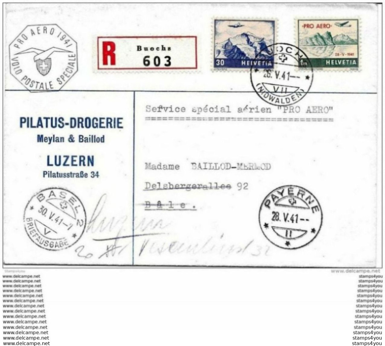 13-36 - Enveloppe Recommandée Vol Pro Aero 1941 Buochs - Payerne 1941 - Other & Unclassified