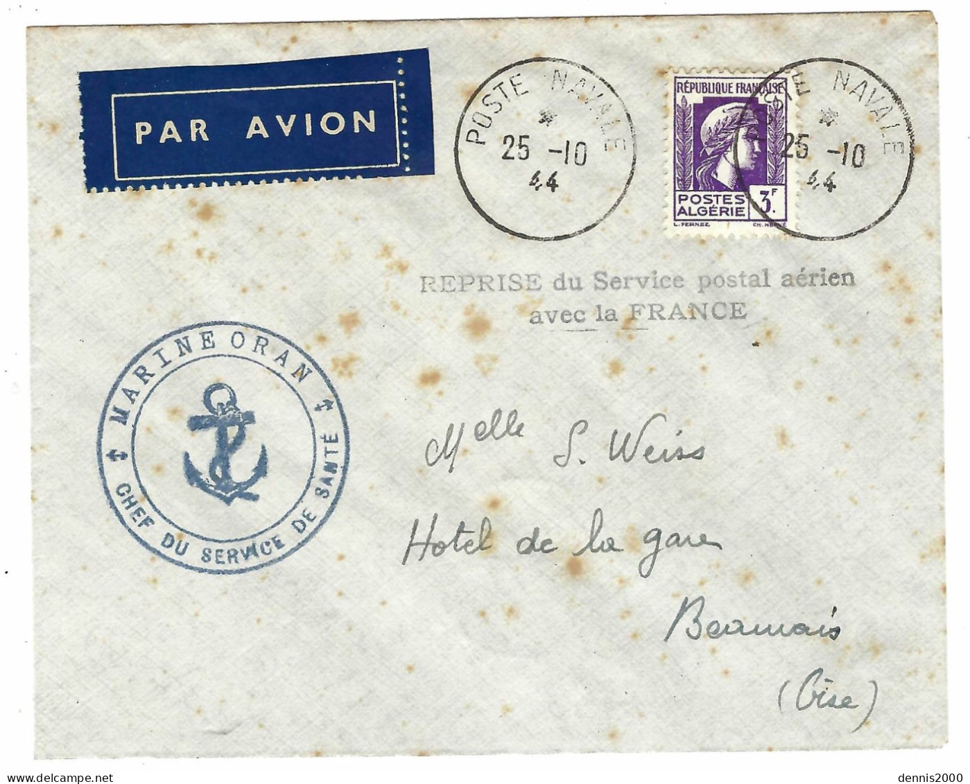 25-10-44 -  REPRISE Du Service Postal Aérien Par Les Lignes Militaires D'Oran Pour Paris - Arrivée Beauvais Du 31-10 - Posta Aerea