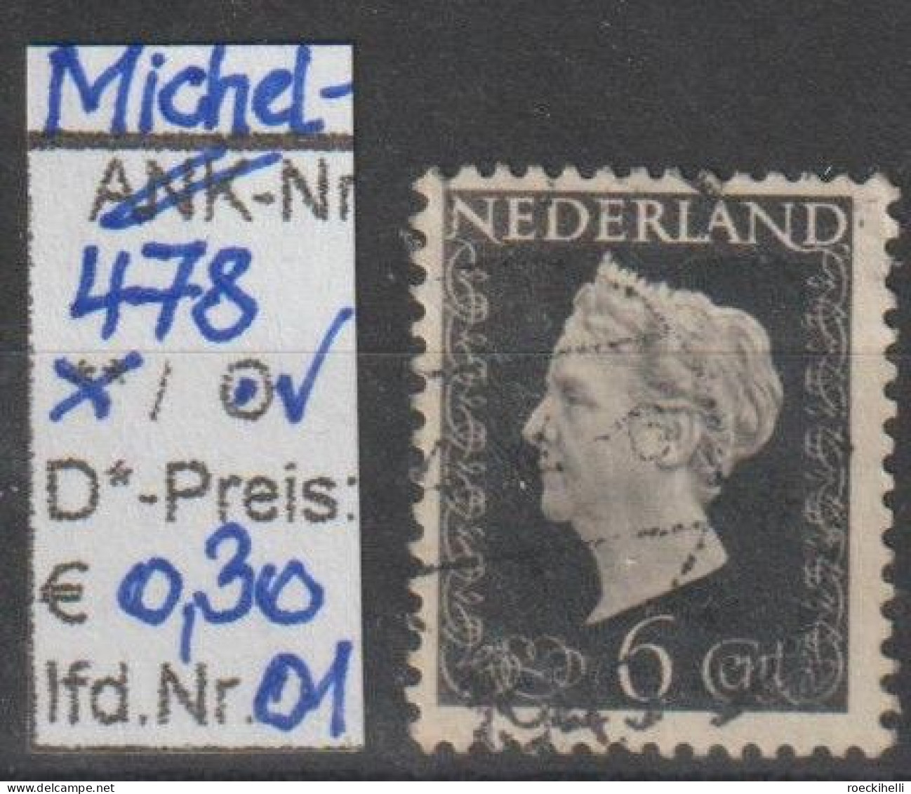 1947- NIEDERLANDE - FM/DM "Königin Wilhelmina" 6 C Schwarzbraun - O Gestempelt - S. Scan (478o 01 Nl) - Gebruikt