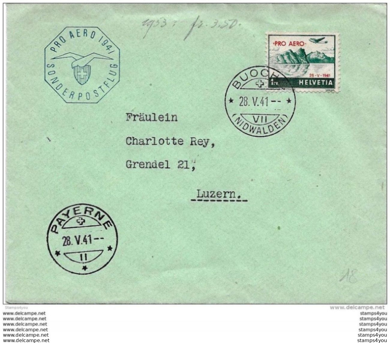 13-11 - Enveloppe Vol Pro Aero 1941 - Buochs - Payerne 1941 - Other & Unclassified