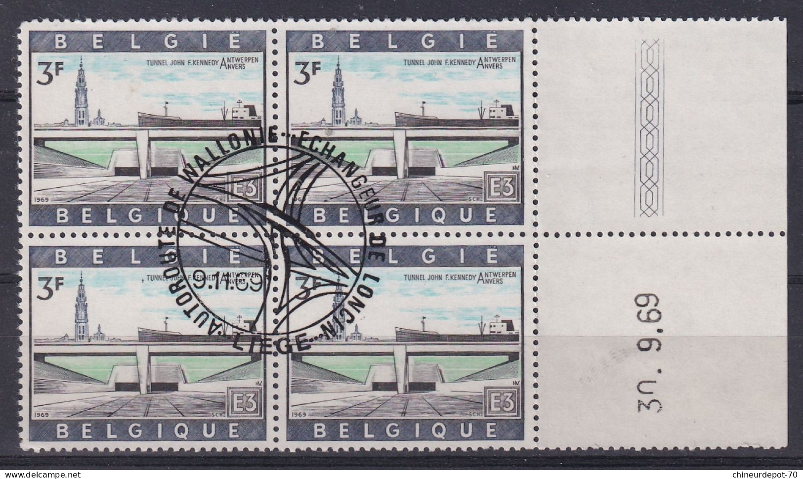 1969 TUNNEL JOHN KENNEDY ANVERS AUTOROUTE DE WALLONIE CACHET LIEGE BORD DE FEUILLE - Datiert