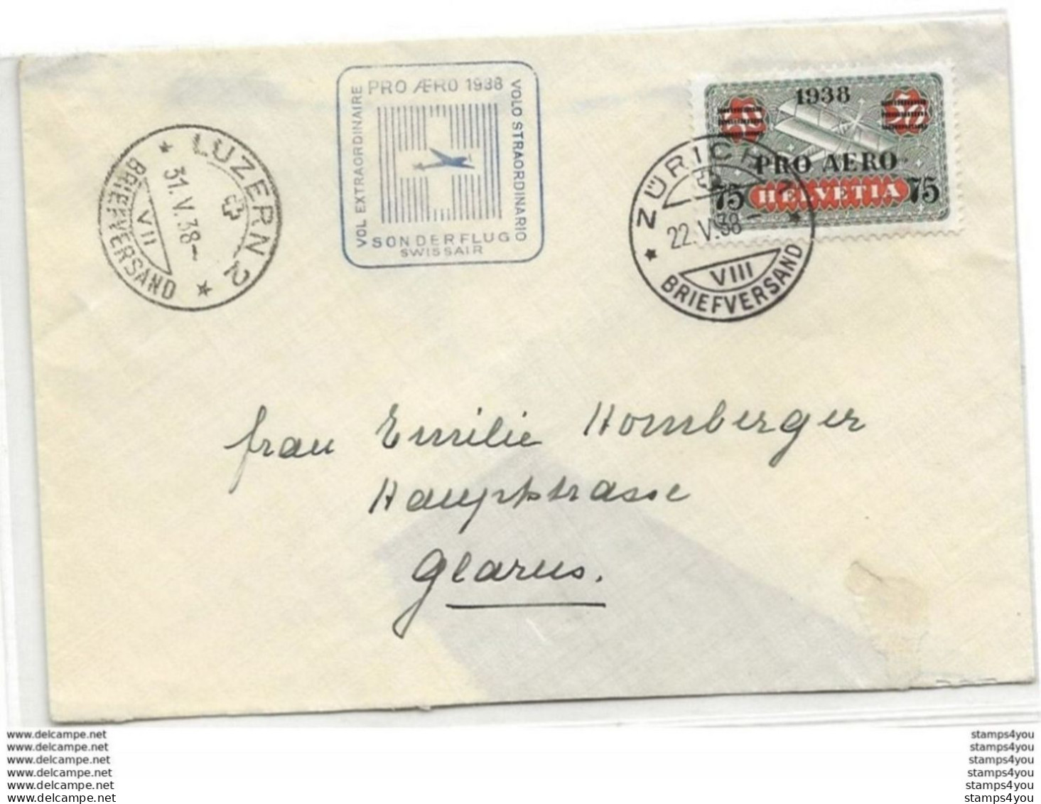 13 - 52 - Enveloppe "Pro Aero 1938" Zürich - Luzern - Autres & Non Classés