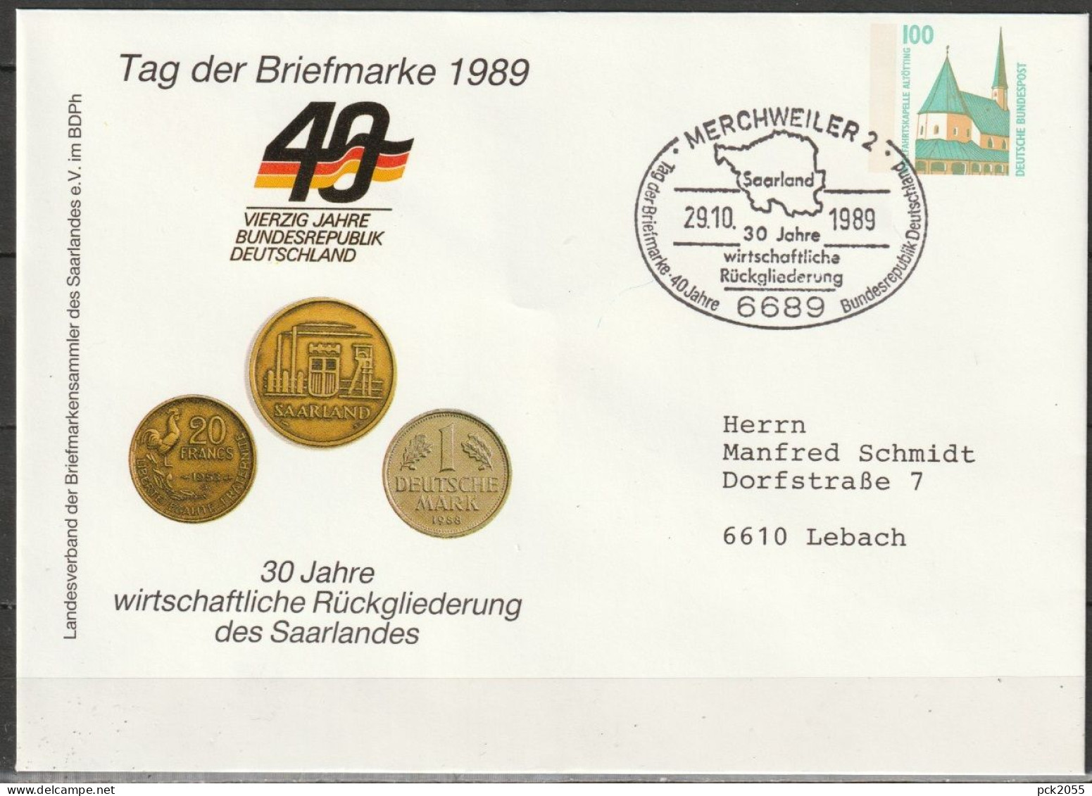 Bund Privat Ganzsache 1989 Nr. PU 290 C1/006b Tag Der Briefmarke SoSt. Merchweiler 29.10.89  (d 3647 ) - Privé Briefomslagen - Gebruikt