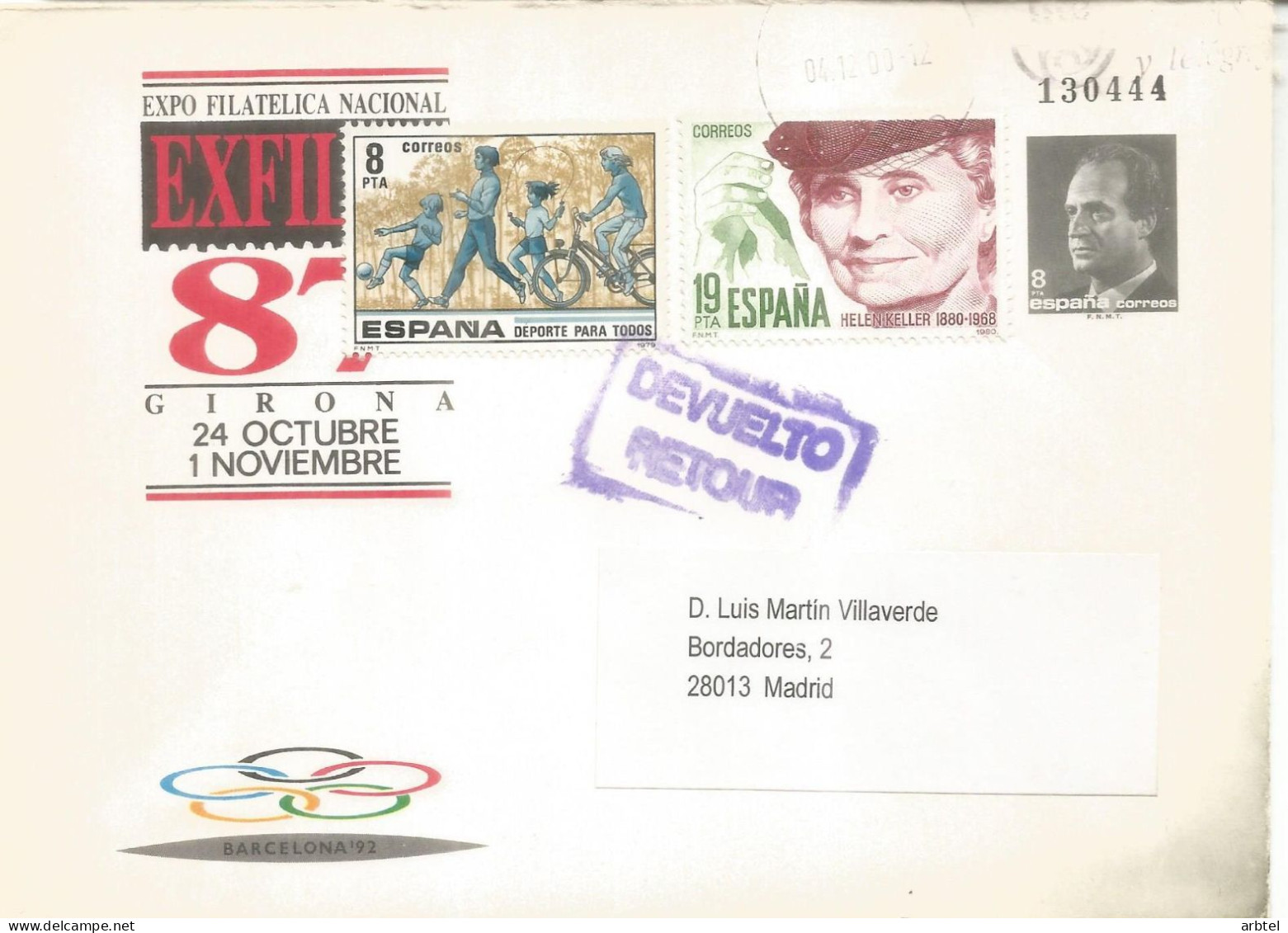 ENTERO POSTAL EXFILNA 87 CIRCULADO Y DEVUELTO - 1931-....