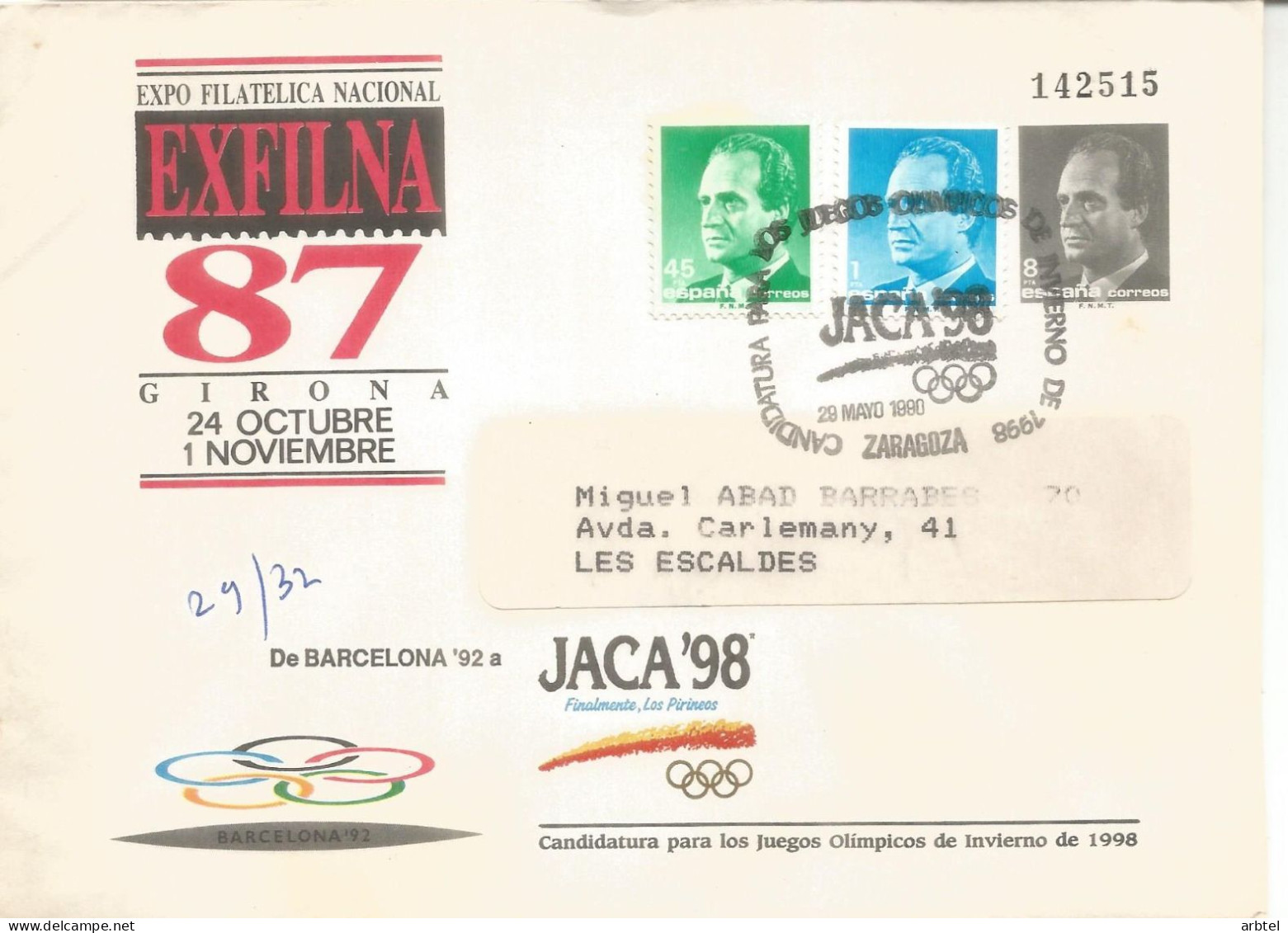 ENTERO POSTAL EXFILNA 87 CIRCULADO Y DEVUELTO SOBRECARGA JACA 98 - 1931-....