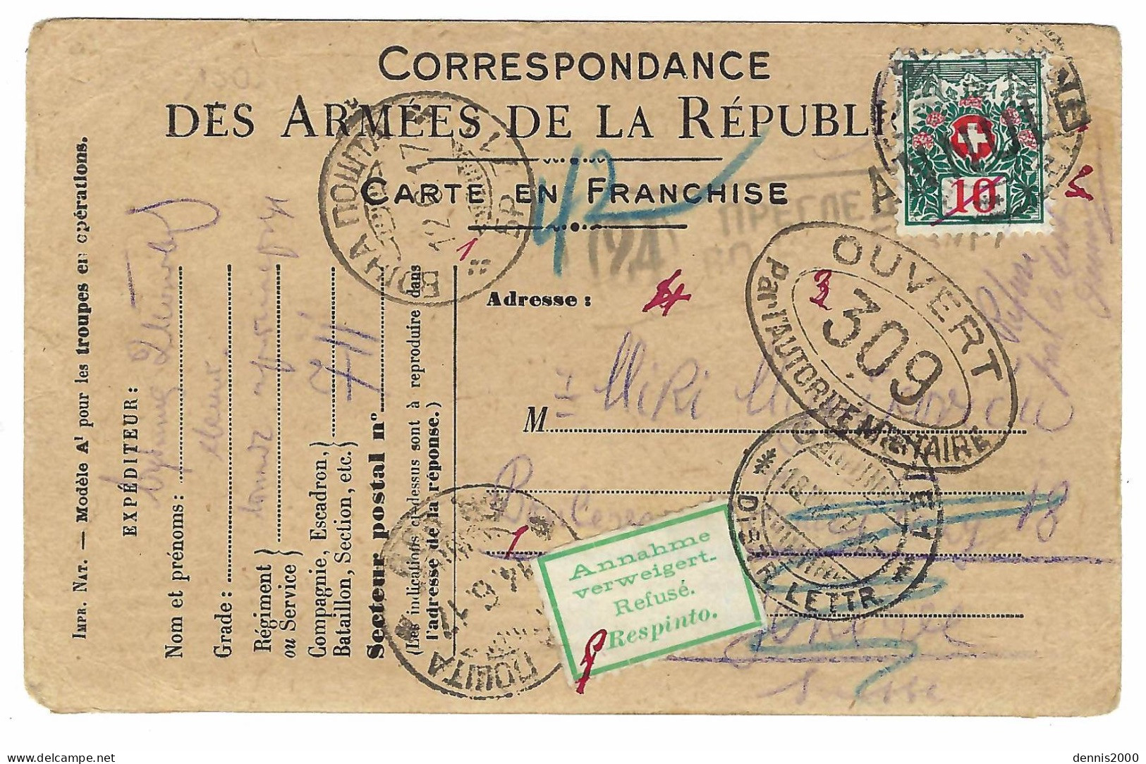 1917 - C P F M Française Du S P 711 ( Grec ) Pour La Suisse Taxe 10 C ANNULE + étiquette " Refusé " Censure Fançaise 309 - Brieven En Documenten