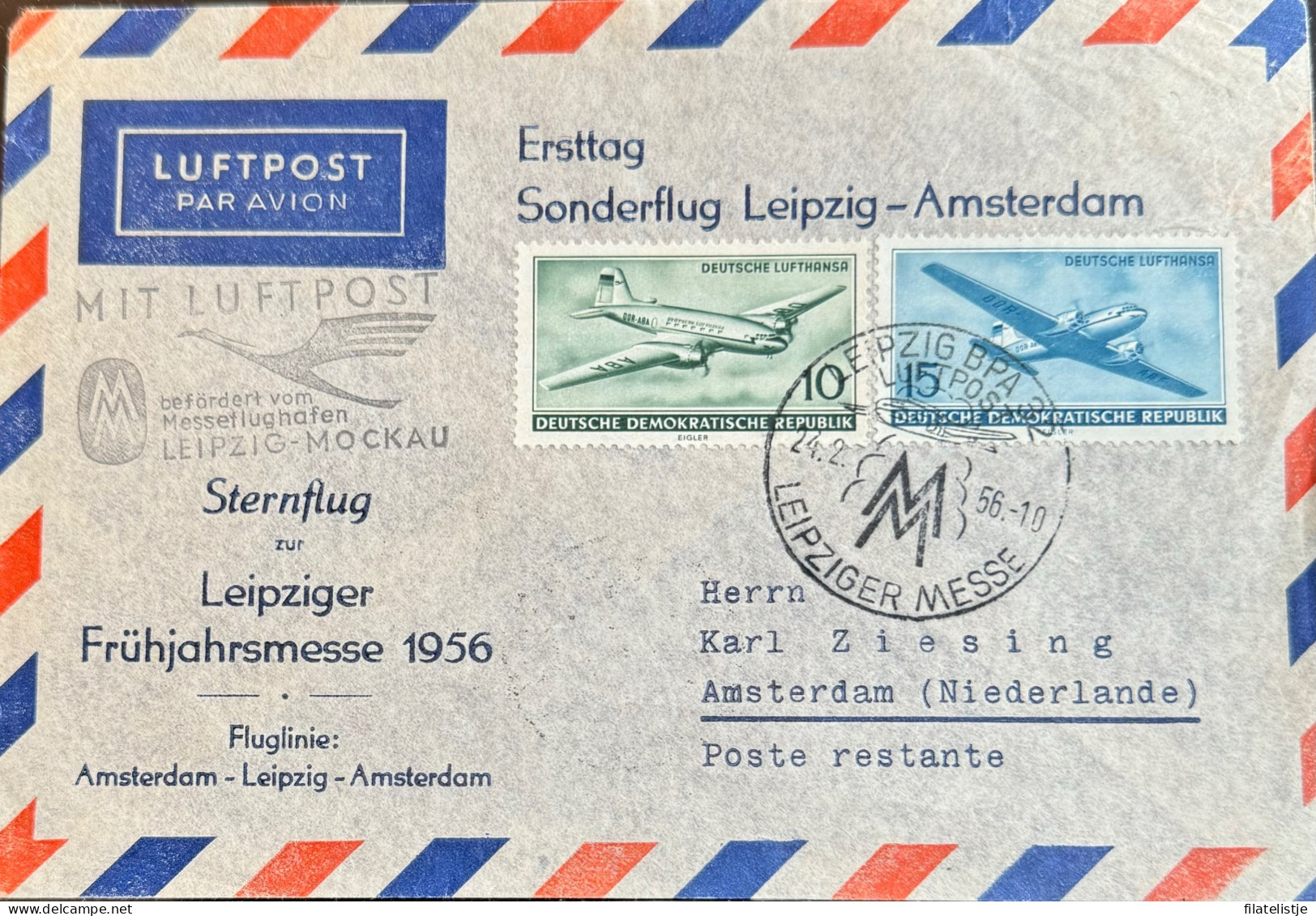 DDR  Eerste Vlucht Leipzig - Amsterdam - Luchtpost