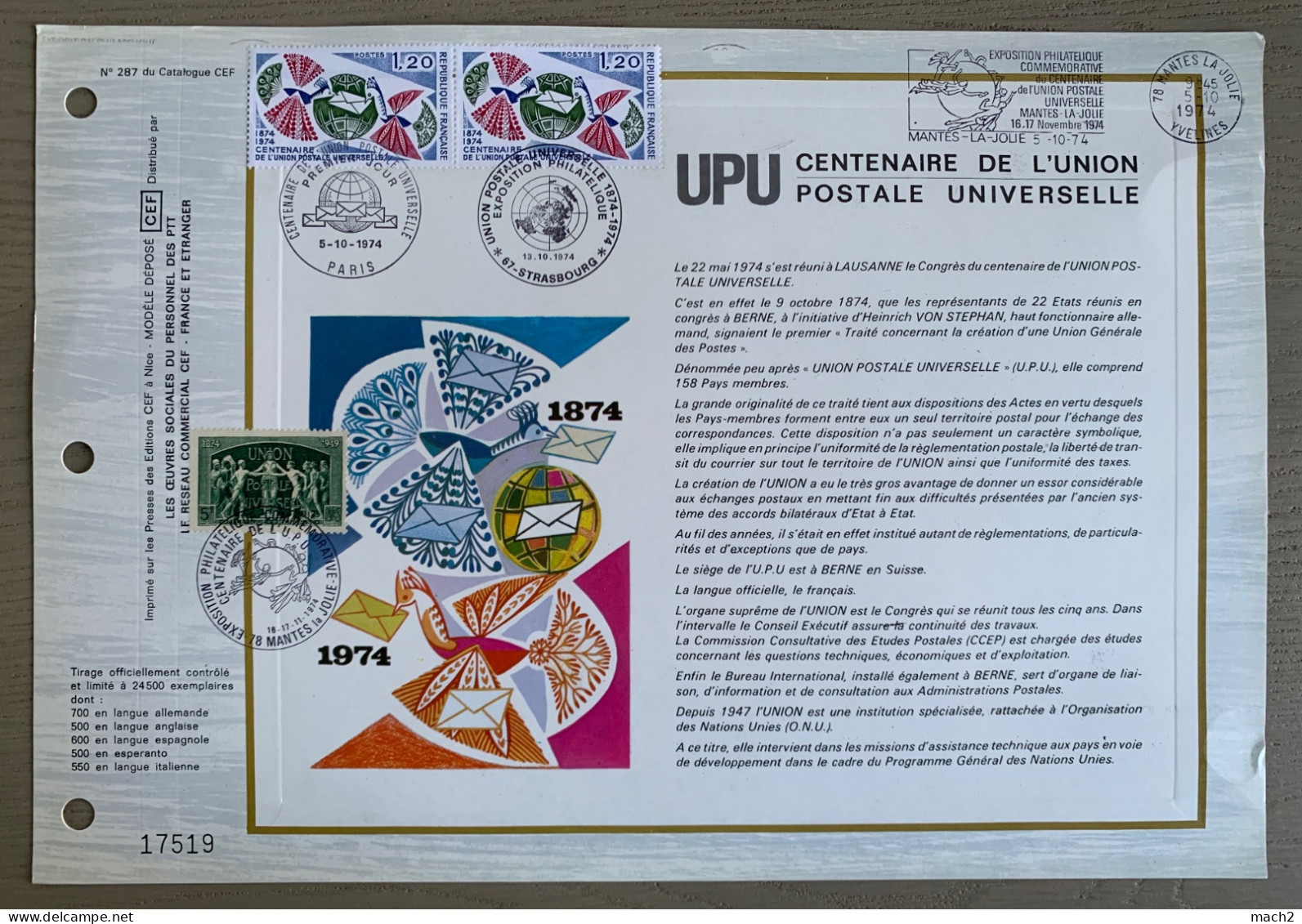 Feuillet UPU 1974 Cachet Paris-Strasbourg-Mantes La Jolie, + Flamme - Otros & Sin Clasificación