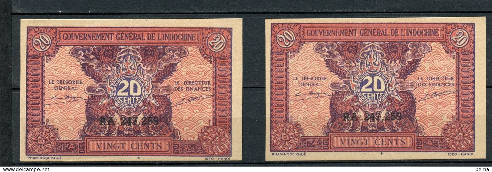 INDOCHINE 2 BILLETS DE 20 CENTS AVEC LE MEME NUMERO PARFAIT PROBABLEMENT FAUX - Indochina