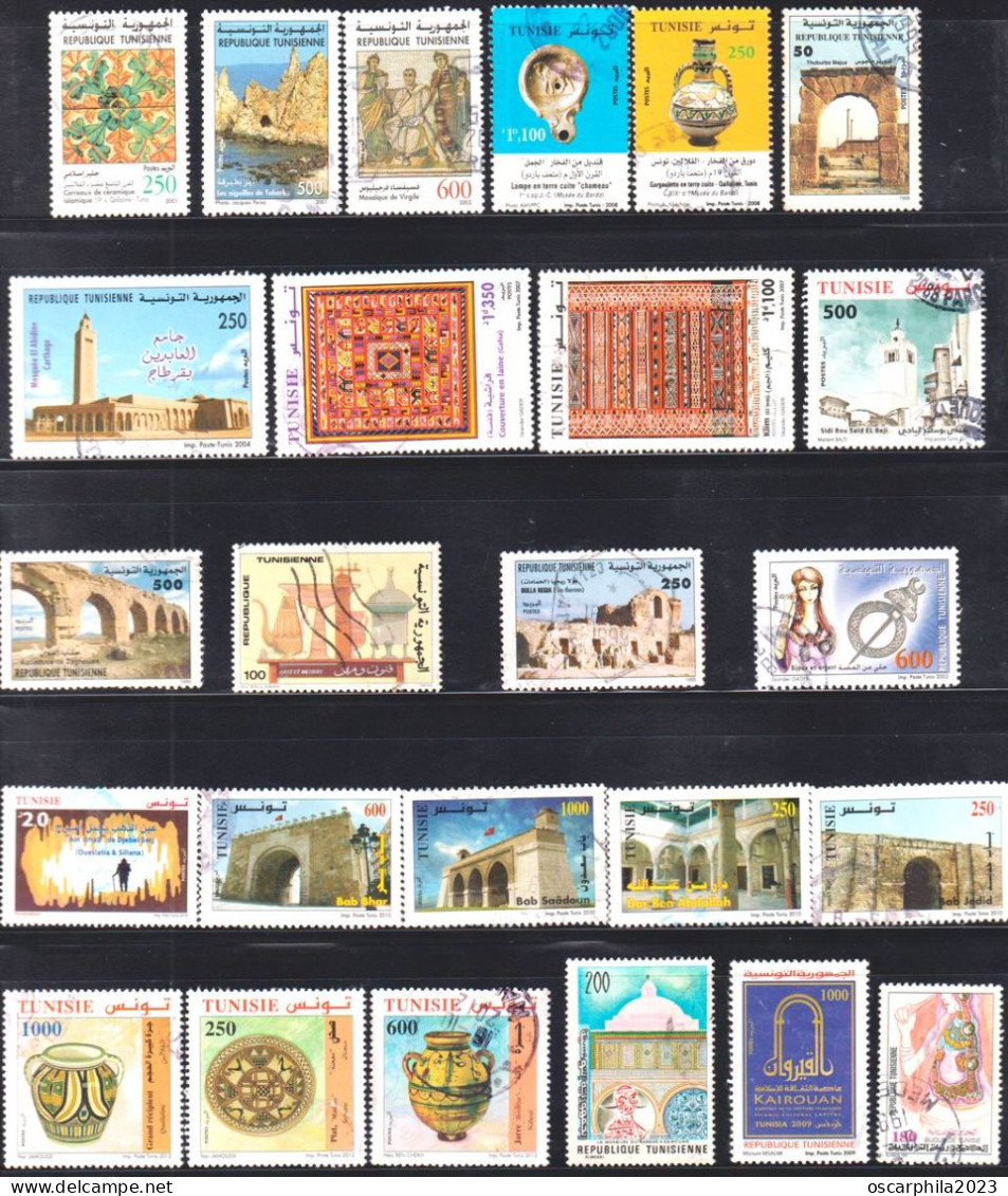 Tunisie / Lot De 25 Timbres Des Sites Archéologiques, Des Mosquées & Des Bijoux - 25V- Obli - Mosquées & Synagogues