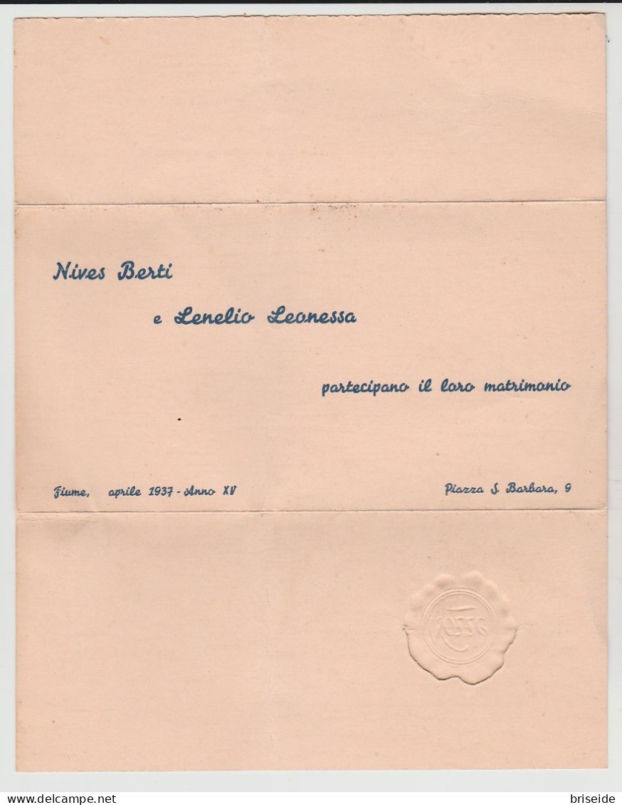 PARTECIPAZIONE DI NOZZE MATRIMONIO DEL 1937 ANNO XV FIUME PIAZZA SANTA BARBARA - Hochzeit