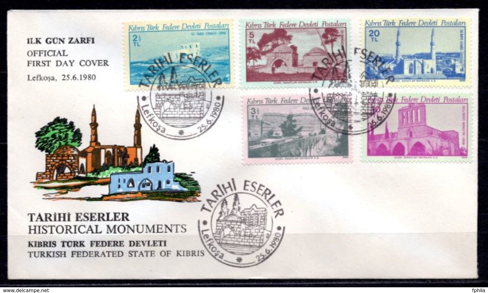 1980 NORTH CYPRUS HISTORIC WORKS MONUMENTS FDC - Lettres & Documents