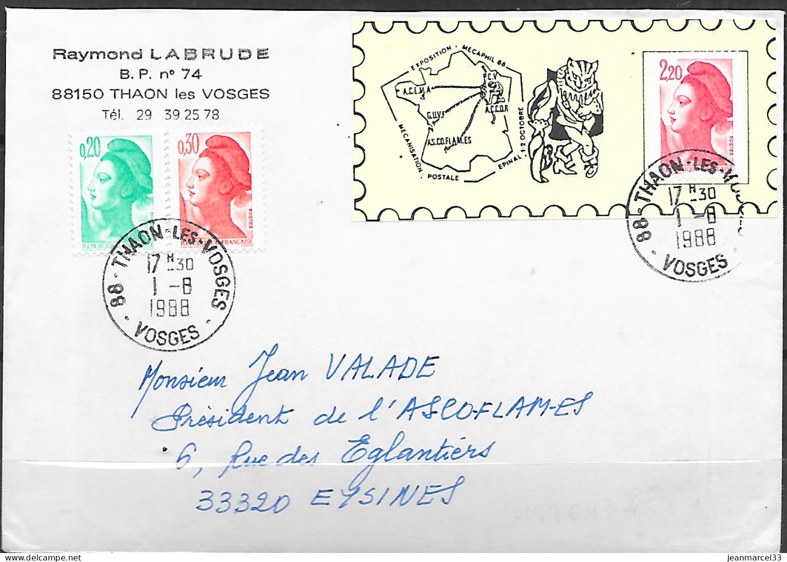 Curiosité Porte Timbre Mécaphil 88 Thaon Les Vosges 1-8 1988 - Storia Postale