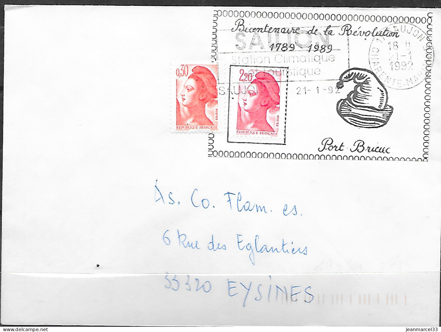 Curiosité Porte Timbre Bicentenaire Révolution 17 Saujon - Storia Postale