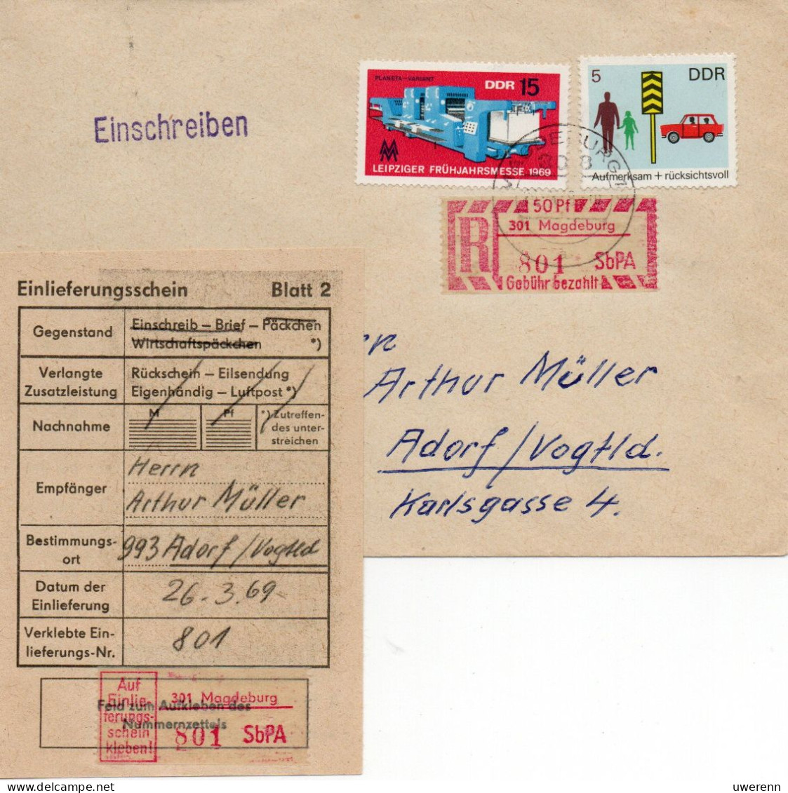 DDR 1969. Einschreibemarke Magdeburg SbPA Gebr., EM 2B-301I(1) Brief - Etichette Di Raccomandazione