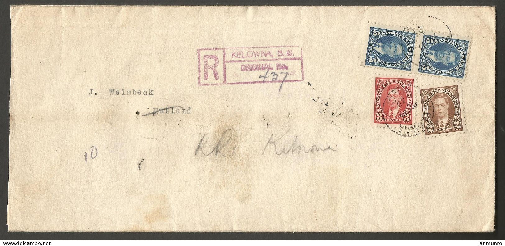 1939 Registered Cover 15c Mufti Multi Franking CDS Kelowna BC Rutland Redirect - Storia Postale