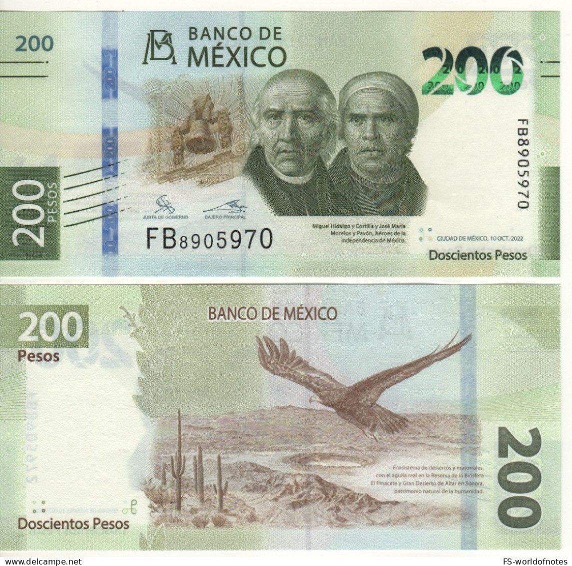 MEXICO New Date 200 Pesos  PW135j   DATED  10-10-2022 Bell, Miguel Hidalgo Y Costilla, José María Morel + Eagle - México
