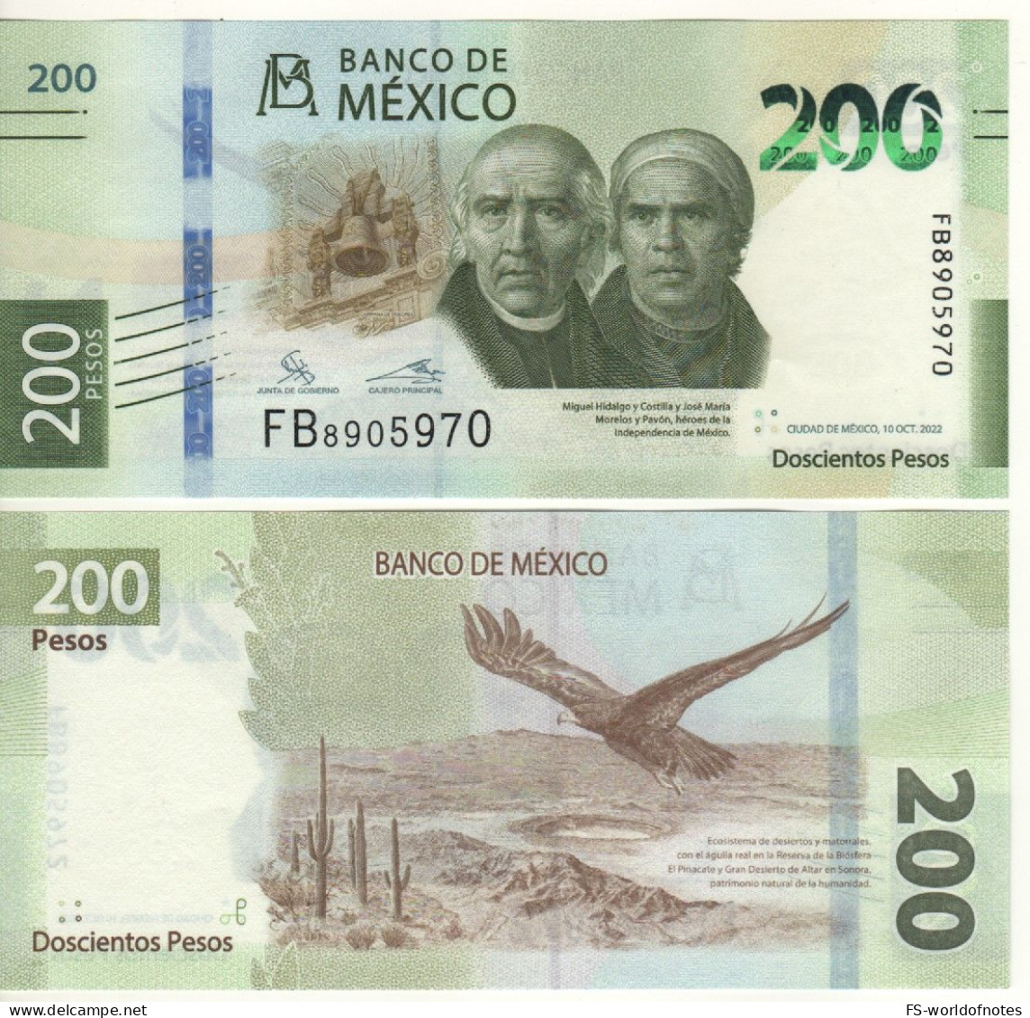 MEXICO New Date 200 Pesos  PW135j   DATED  10-10-2022 Bell, Miguel Hidalgo Y Costilla, José María Morel + Eagle - Mexique