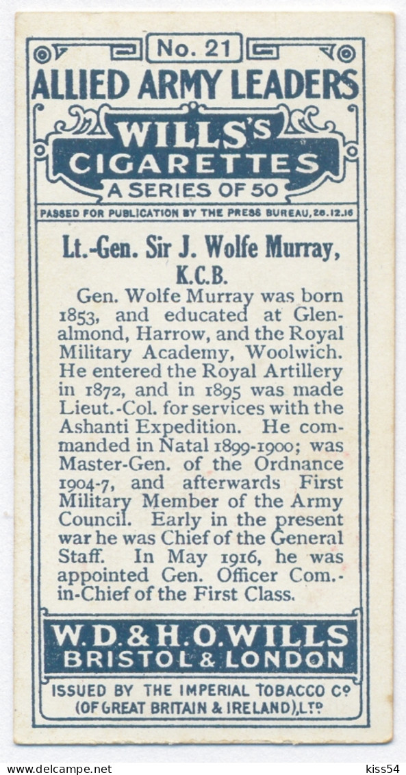 CT 8 - 21 UNITED KINGDOM, Lt. Gen. Sir J. Wolfe Murray, Allied Army Leader - Old Wills's Cigarettes - 68/35 Mm - Wills