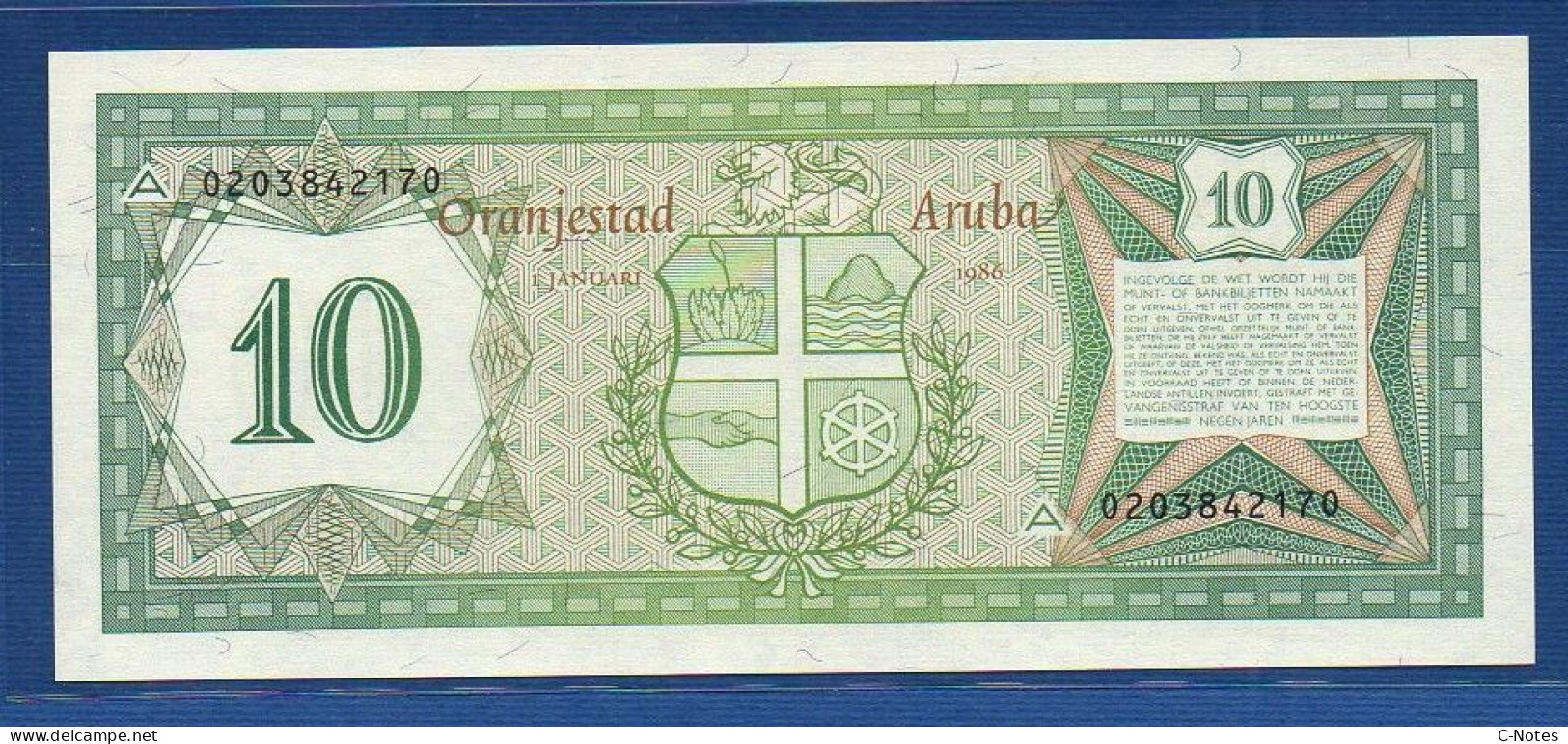 ARUBA - P. 2 – 10 FLORIN 1986 UNC, Serie N. 0203842170 - Aruba (1986-...)