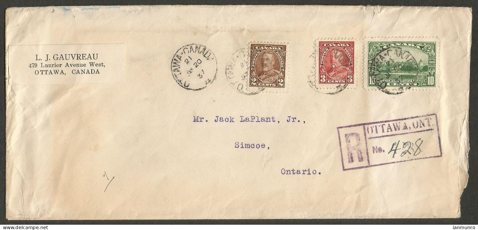 1937 Registered Cover 15c Silver Jubilee/Pictorial RPO CDS Ottawa To Simcoe Ontario - Histoire Postale