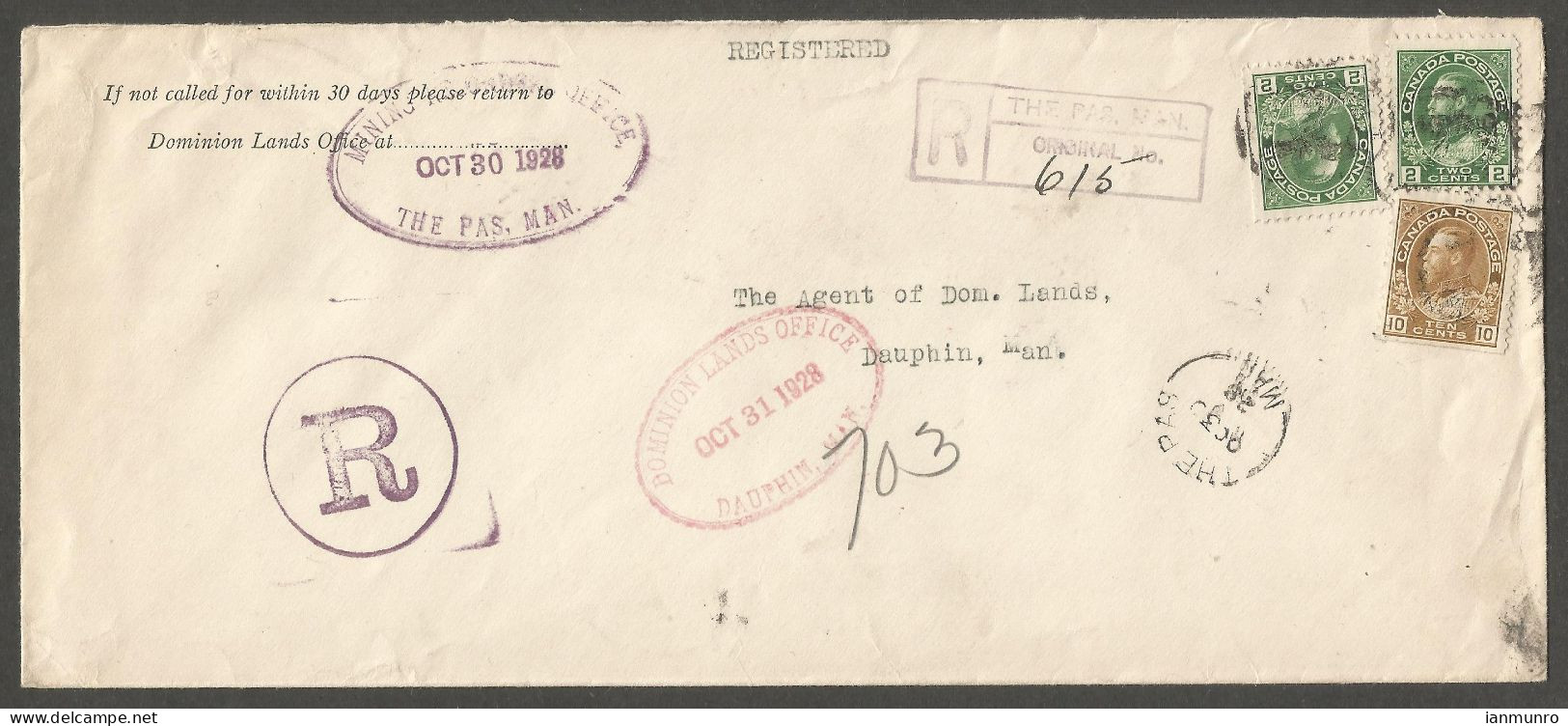 1928 Registered Cover 13c Admirals RPO CDS The Pas Manitoba To Dauphin Dominion Lands - Histoire Postale