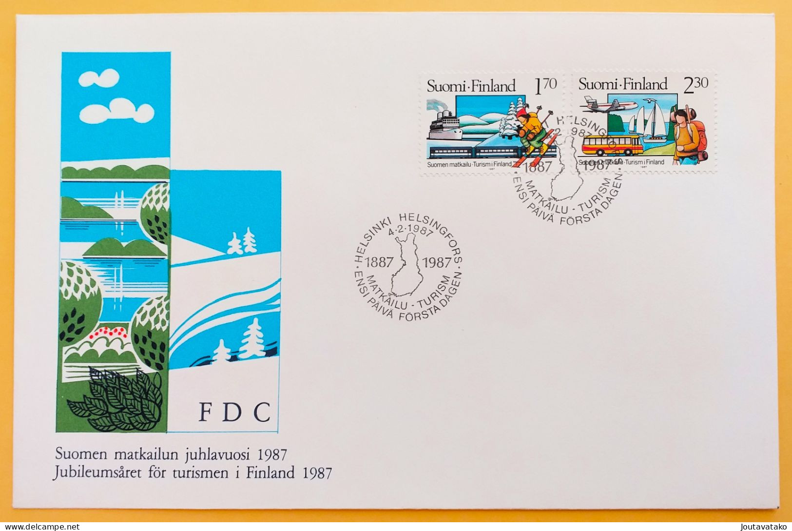 Finland FDC 1987 - Tourism In Finland - Bus, Ship, Sport, Train, Airplane - MiNo 1011, 1012 - FDC