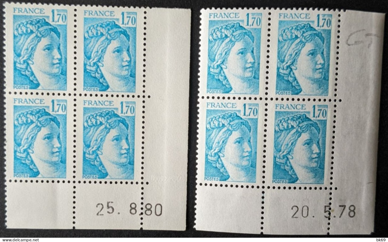 N°1976 & 1976a ** Sabine 1.70F Bleu Clair Coins Datés X2 - 1970-1979