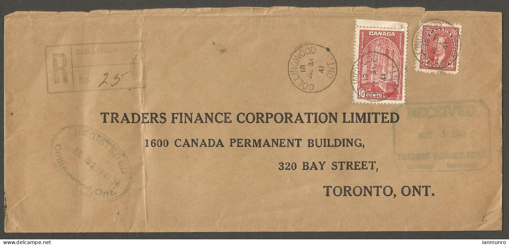 1941 Registered Cover 13c Mufti RPO CDS Collingwood Ontario To Toronto - Histoire Postale