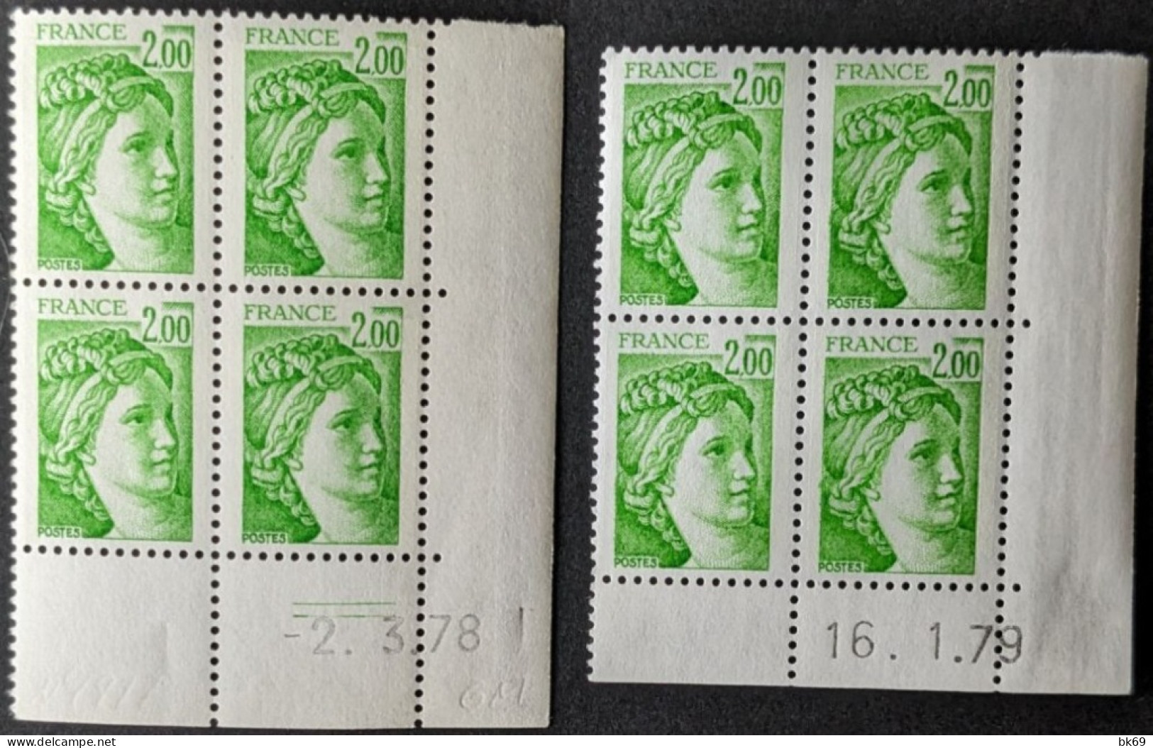 N°1977 ** Sabine 2.00F Vert-Jaune Coins Datés X2 - 1970-1979