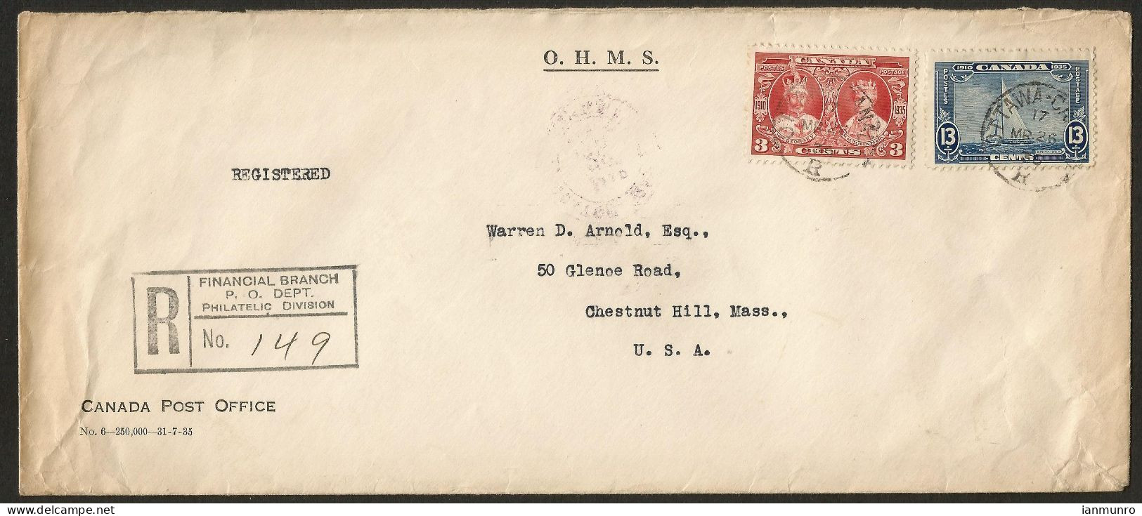 1936 Registered Cover 16c Silver Jubilee CDS Ottawa Ontario OHMS Post Office - Postgeschiedenis