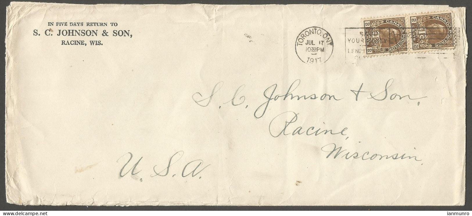 1917 S C Johnson Corner Card Cover 2 X 2c Admiral War Tax Toronto Ontario Slogan - Historia Postale