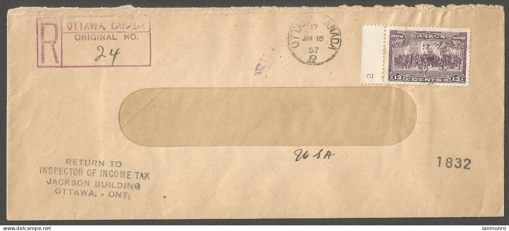 1937 Registered Cover 13c Charlottetown #224 CDS Ottawa Ontario Inspector Income Tax - Historia Postale