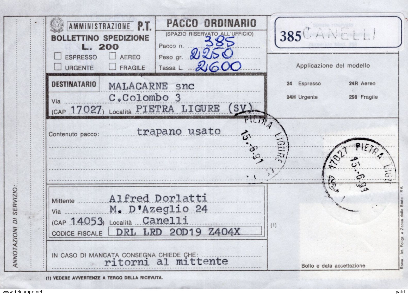 Italia (1991) - Bollettino Pacchi Da Canelli (AT) Per Pietra Ligure - (trapano Usato) - Pacchi Postali